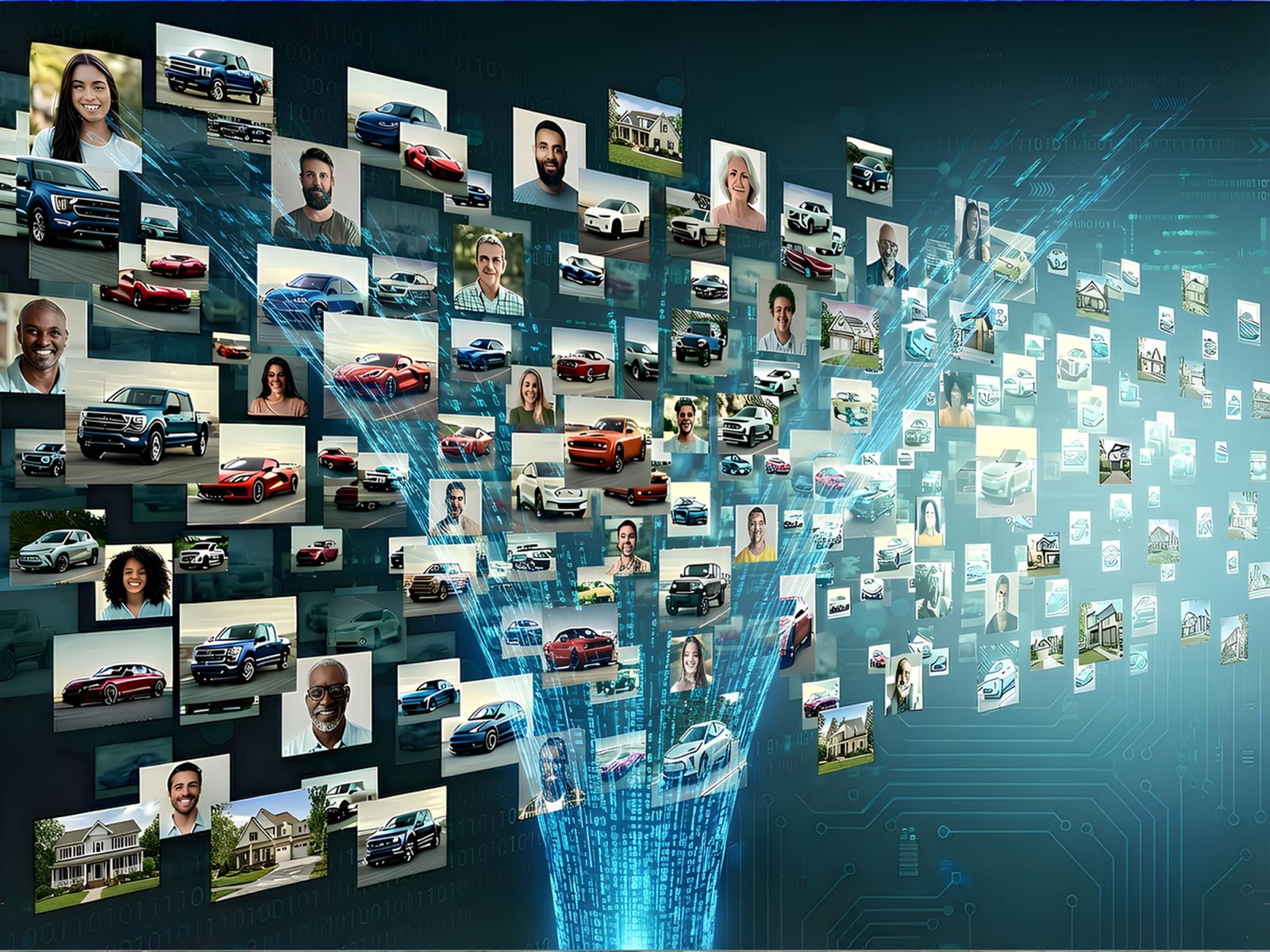 Digital illustration showing people, vehicles, and homes flowing through a data funnel representing organized consumer identities.