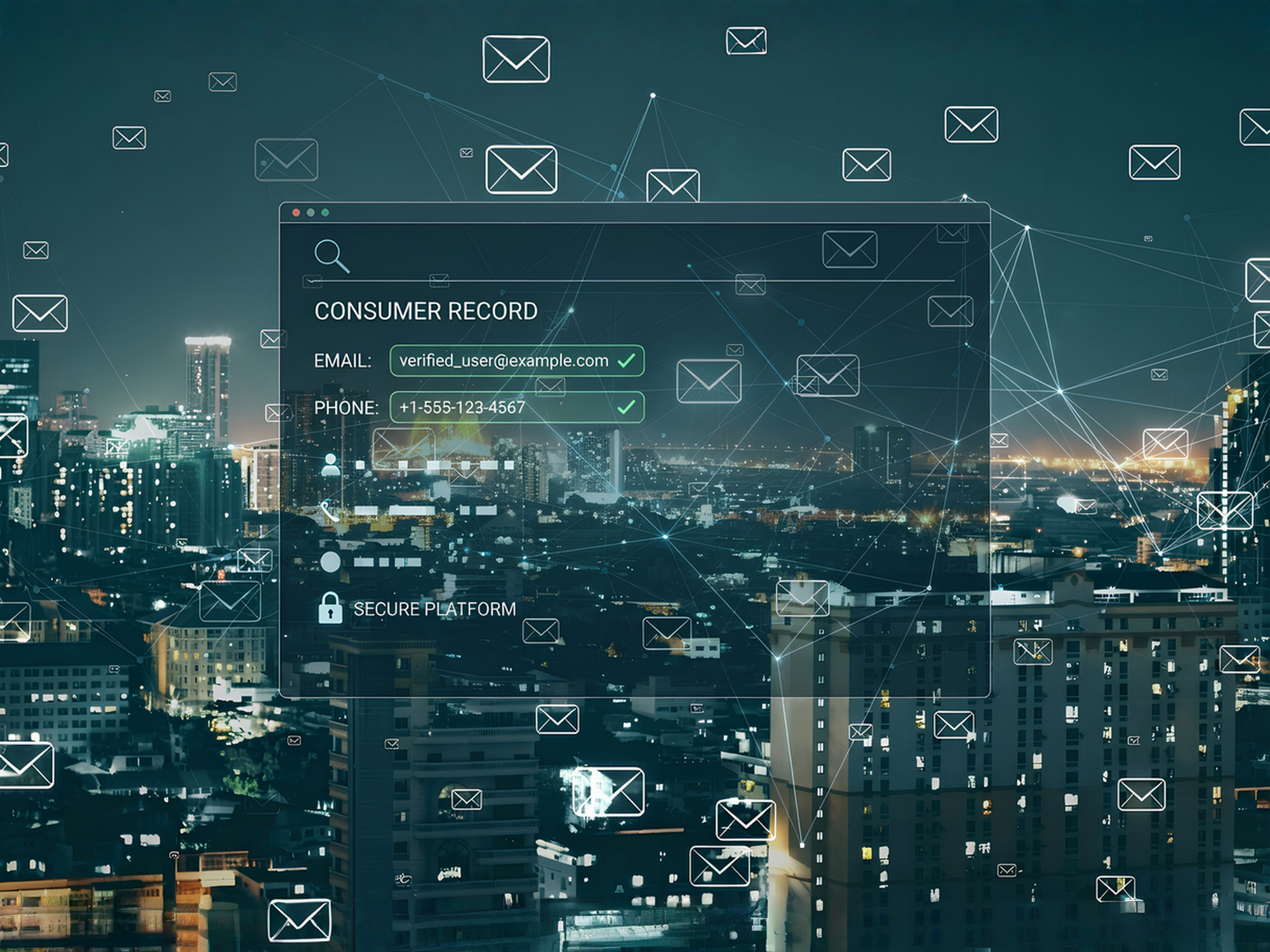 Digital illustration of a consumer record with a verified email address displayed within a secure data platform.