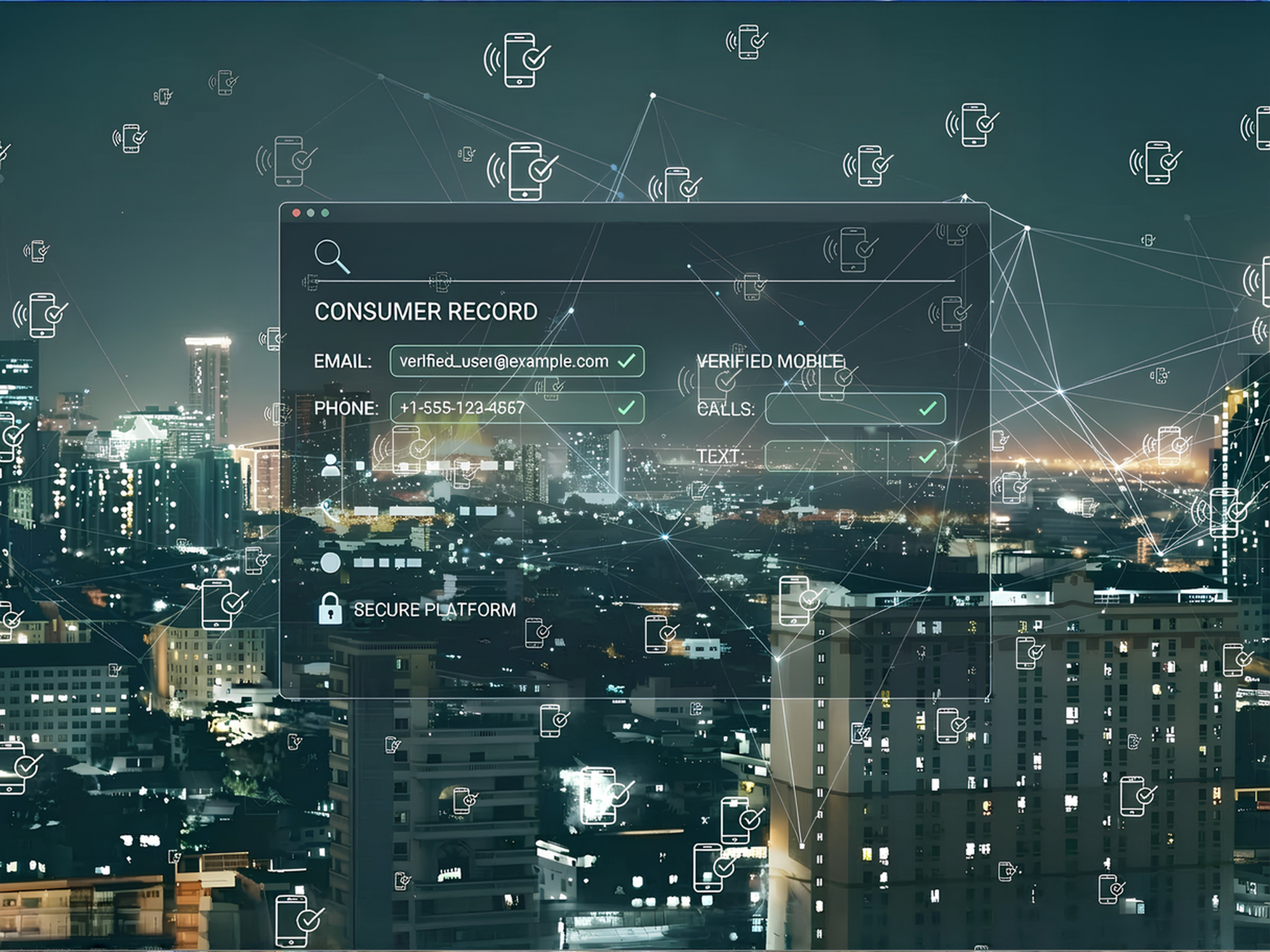 Digital illustration of a consumer record showing a verified mobile phone number within a secure data platform.